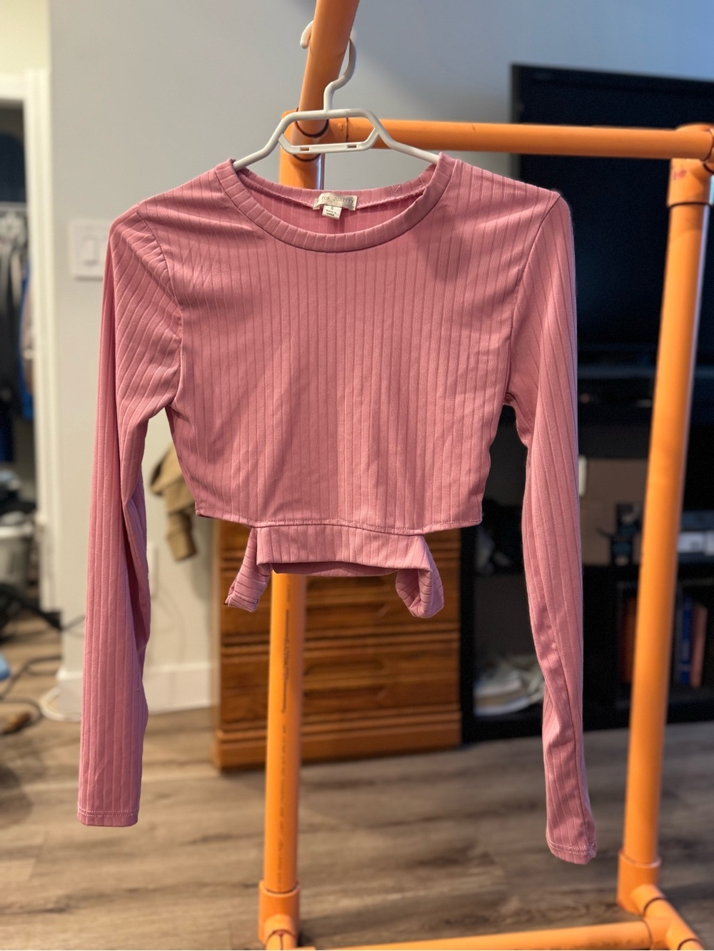 J for Justify Pink Ribbed Long Sleeve Crop Top Side Slits Size S